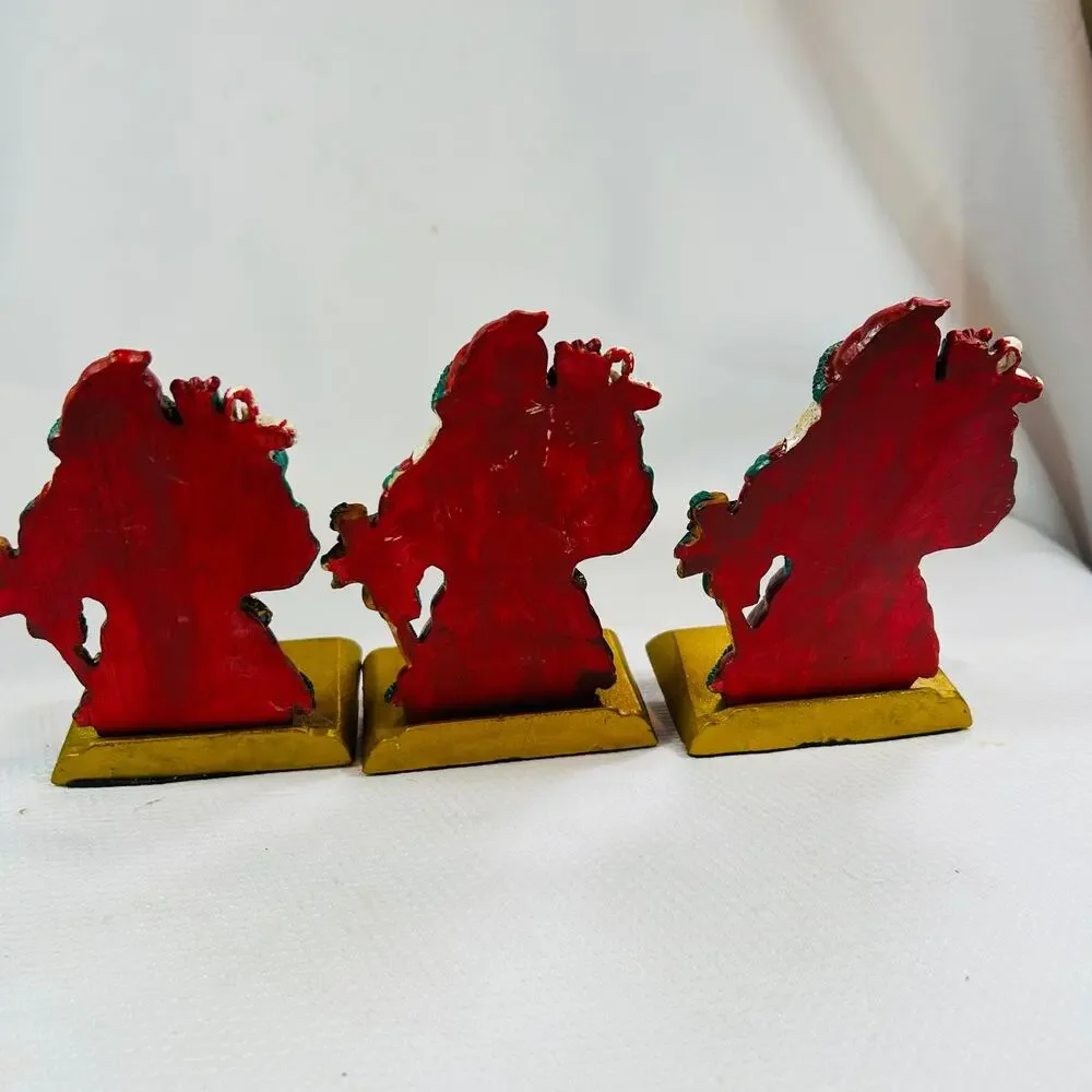 3 Cast Iron Base Hand Painted Santa Stocking Holder Vintage Christmas